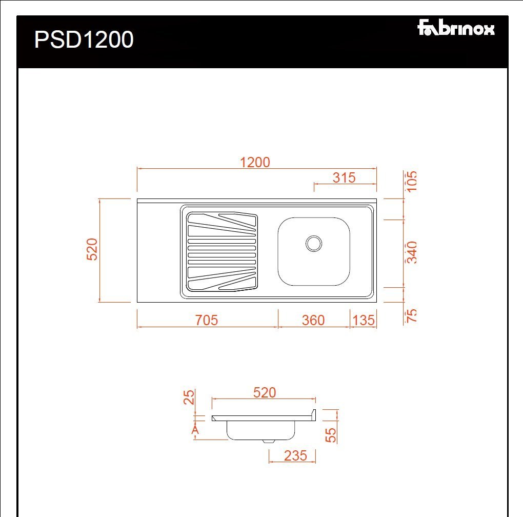 Pia Inox Fabrinox PSD1200E 120x52cm, cuba direita, kit completo - 2