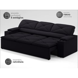 Sofá com Porta Copos Retrátil e Reclinável Pop 2,05m Velosuede Preto - Netsofas - 3