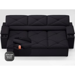 Sofá com Porta Copos Retrátil e Reclinável Pop 2,05m Velosuede Preto - Netsofas - 5