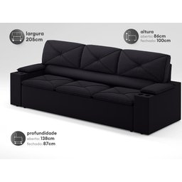 Sofá com Porta Copos Retrátil e Reclinável Pop 2,05m Velosuede Preto - Netsofas - 2