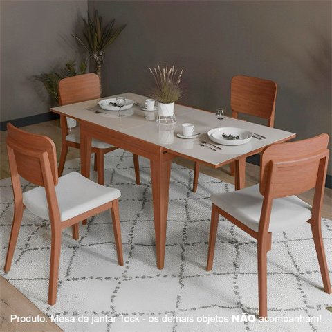 Mesa de Jantar Tock 80cm Extensível 1,60m em Madeira Maciça Imbuia Tampo Vidro Off White
