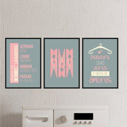 Kit 3 Quadros Lavanderia Cinza E Rosa 33x24cm:Madeira branca - 1 Kit 3 Quadros Lavanderia Cinza E Rosa 33x24cm:Madeira branca - 1