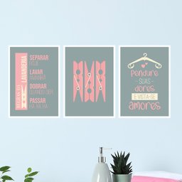 Kit 3 Quadros Lavanderia Cinza E Rosa 33x24cm:Madeira branca - 2 Kit 3 Quadros Lavanderia Cinza E Rosa 33x24cm:Madeira branca - 2