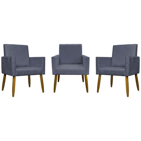 Kit 3 Poltronas Decorativas Confortáveis Mari - Cinza Suede