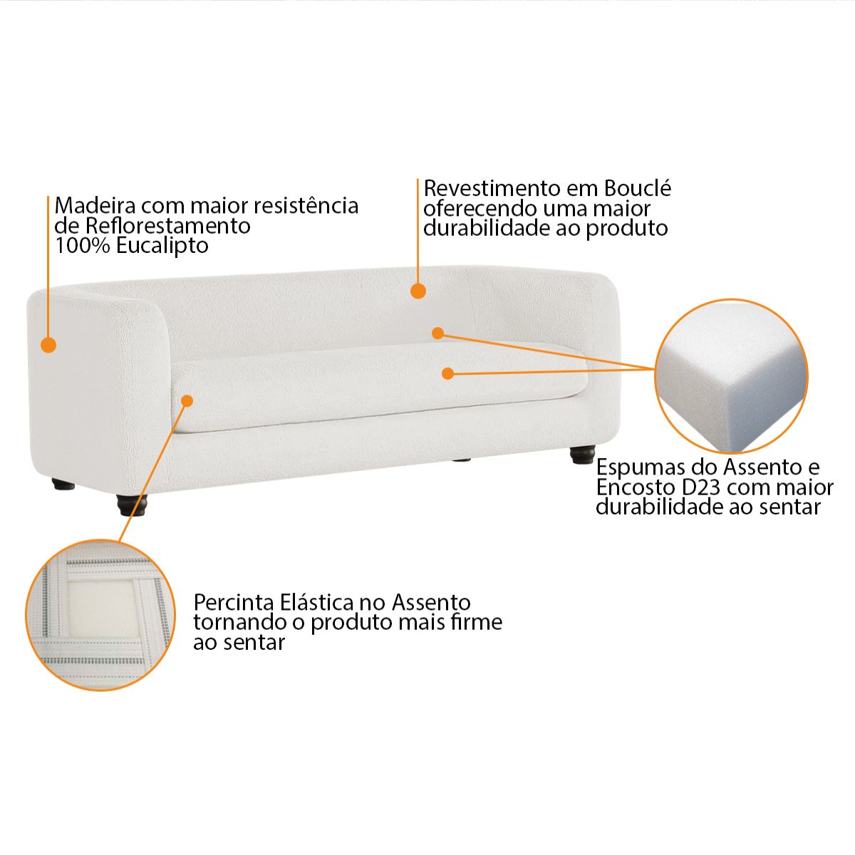 Sofá 3 Lugares Luxo Recepção Escritorio Sala Veneza 180cm Bouclé - 4