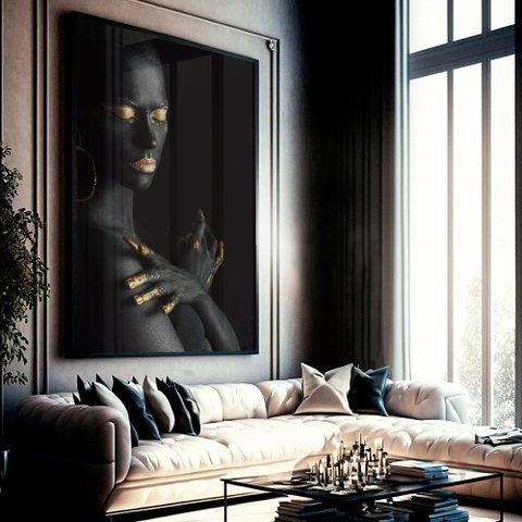 Quadro Decorativo Mulher Fashion em Moldura Caixa Tacolado Moldura Trad 1cm Preta sem Vidro 40 X 60c