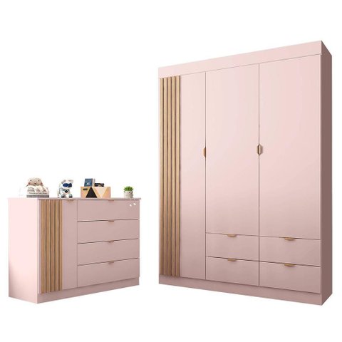 Jogo de Quarto Infantil Ayla com Guarda Roupa e Cômoda Rosê Acetinado - Phoenix Baby