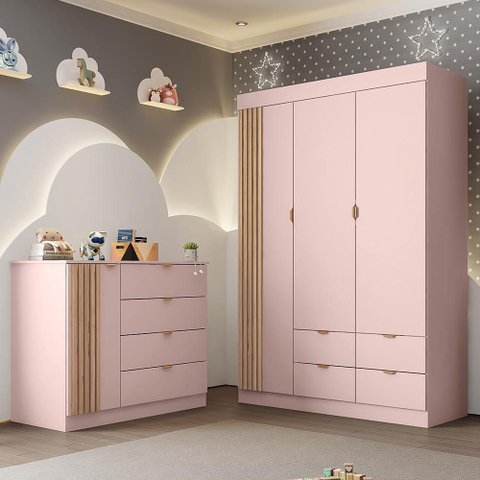 Jogo de Quarto Infantil Ayla com Guarda Roupa e Cômoda Rosê Acetinado - Phoenix Baby