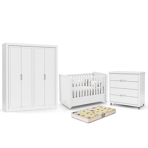Dormitório Tutto New 4 Portas, Cômoda 4 Gavetas e Berço Branco Soft com Colchão D18 - Matic Móveis