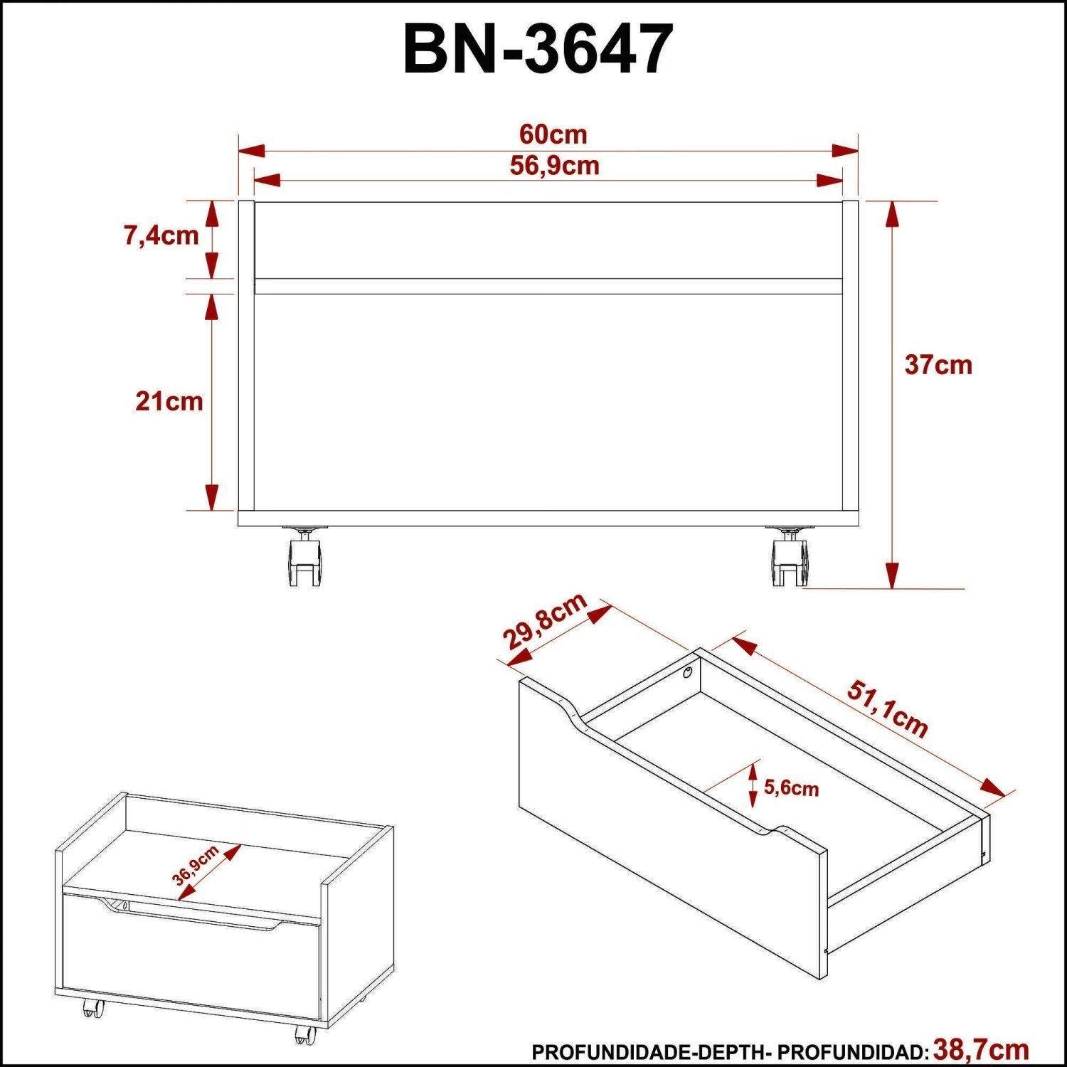 Armário para Banheiro 60cm com 1 Gavetas e Rodízio BN3647 Branco - 6