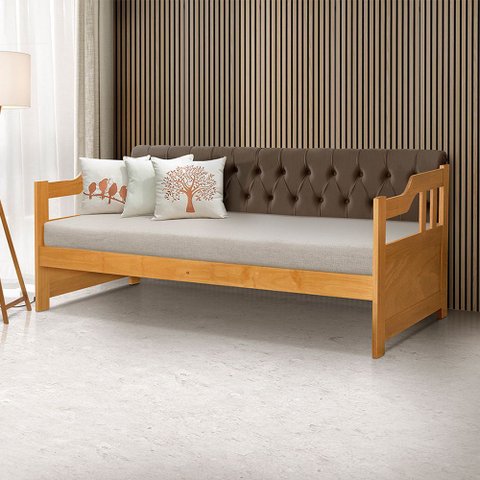 Sofá Cama Dublin Mona Estofado Capitonê Veludo Marrom Madeira Maciça com 1 Colchão Vintage Imbuia