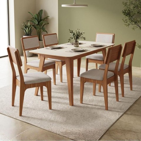 Mesa Jantar Retangular 1,60m x 0,90m Pés Retrô com 6 Cadeiras Assento e Encosto Estofado 100% MDF