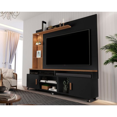 Estante Home Ocean para Tv até 65 Polegadas -2 Portas e Nicho com Leds -rodizio -preto/canela