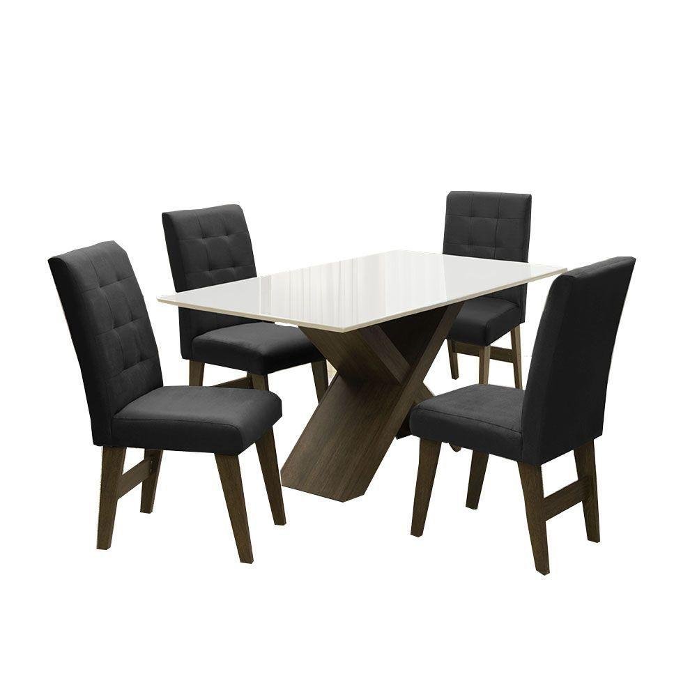 Conjunto Sala de Jantar Mesa Branco Off Dubai 1,35m MDF com 4 Cadeiras Castanho / Preto - Dobuê Cor: - 2