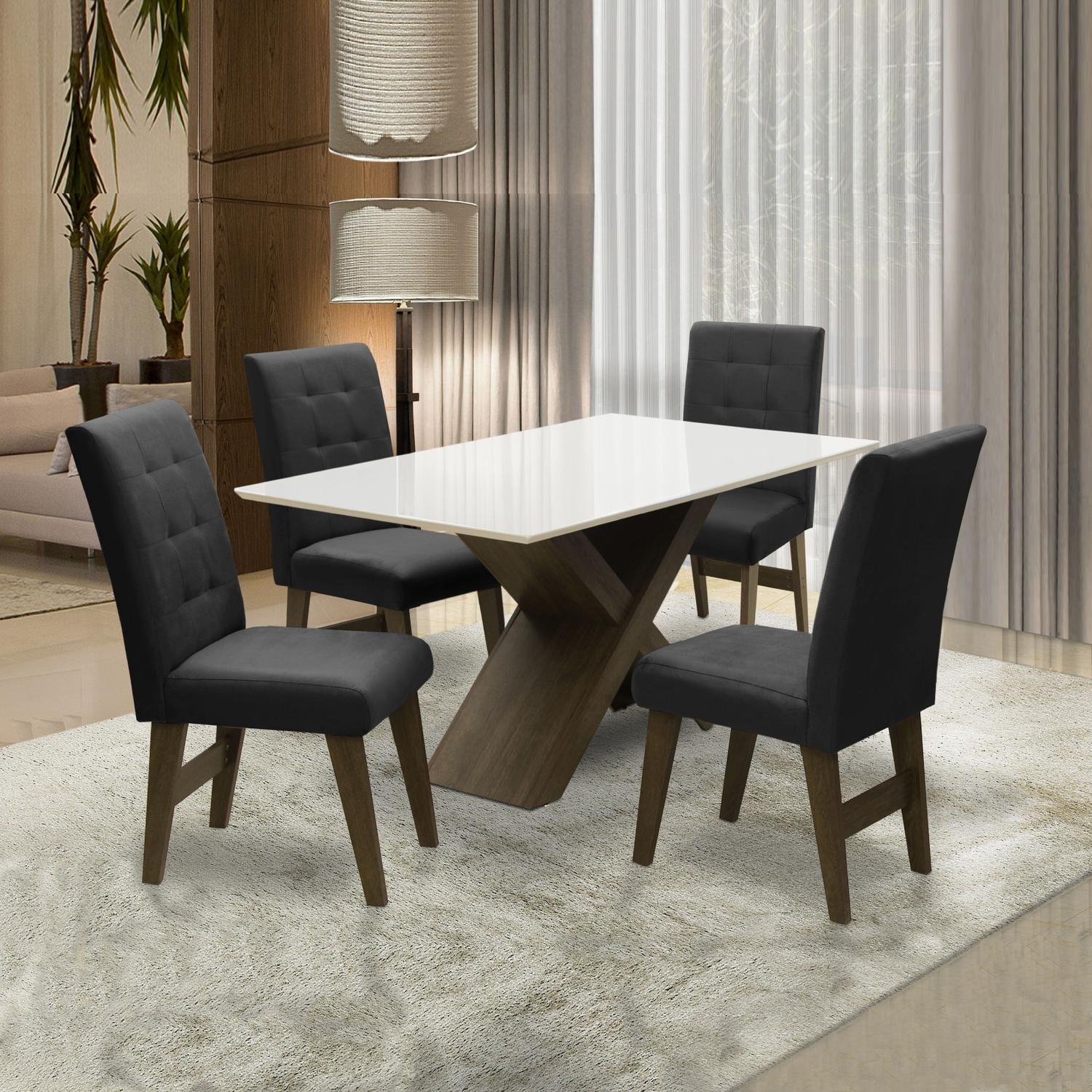 Conjunto Sala de Jantar Mesa Branco Off Dubai 1,35m MDF com 4 Cadeiras Castanho / Preto - Dobuê Cor: