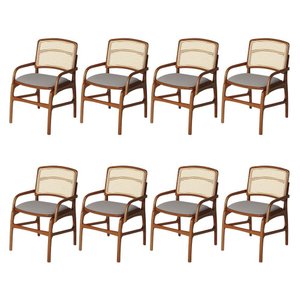 Jogo 8 Cadeiras para Jantar Florença em Madeira Jequitibá Terra Braço Encosto Palha Linho Cinza