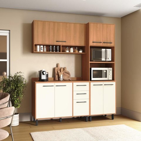 Cozinha Modulada Completa 3 Peças com Torre Quente 2 Fornos 220x185 cm Off White Casamia