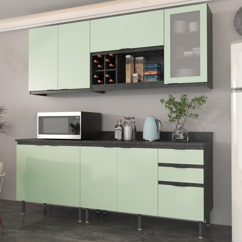Cozinha Compacta Verde Mar L200cm 8 Portas 3 Gavetas Cz1200