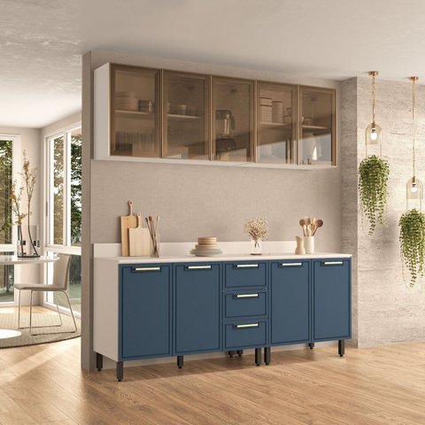 Cozinha sem Rodapé Aéreo Cristaleira e Balcão com Tampo Amara Azul/Branco