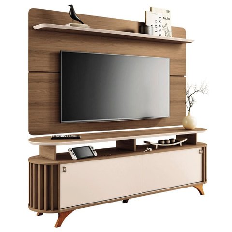 Kit Bancada Alba e Painel Curv Tv até 70” Pés Madeira Maciça Castanho/off White