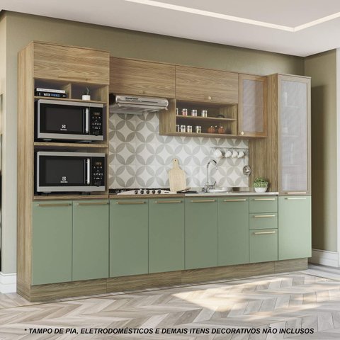 Armário de Cozinha Modulada Completa Reta 7 Peças 3,20m Botanic Kappesberg - Nogueira/Verde Oliva