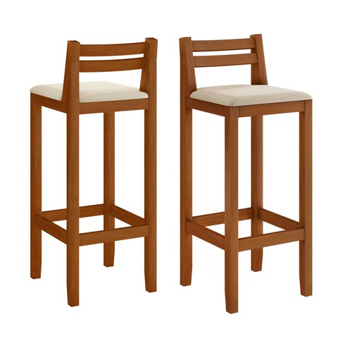 Kit 2 Banquetas Altas Ibiza Madeira Eucalipto Assento Estofado Linho para Bancada