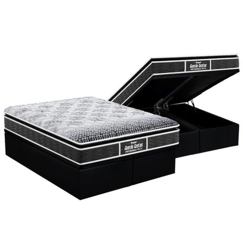 Cama Box Baú King: Colchão Probel D28 / Ep Guarda Costas Plus Pillow Top + Base Black(193x203)