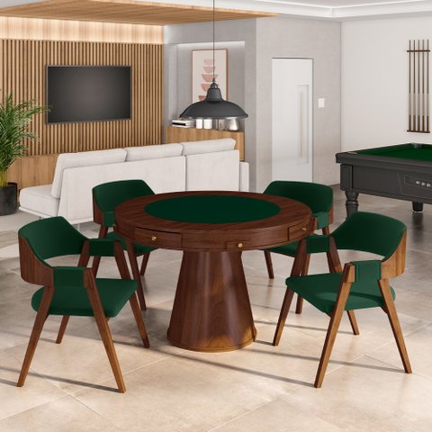 Conjunto Mesa de Jogos Carteado Bellagio Tampo Reversível e 4 Cadeiras Madeira Poker Base Cone Velud