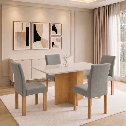 Conjunto de Mesa de Jantar 4 Lugares Carol e Espanha MDF Cinamomo Off White e Cinza