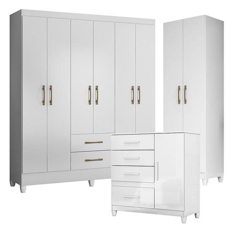 Guarda Roupa Casal Panamá com Cômoda Vênus com Pés e Armário Multiuso New Íris Branco Brilho– Moval