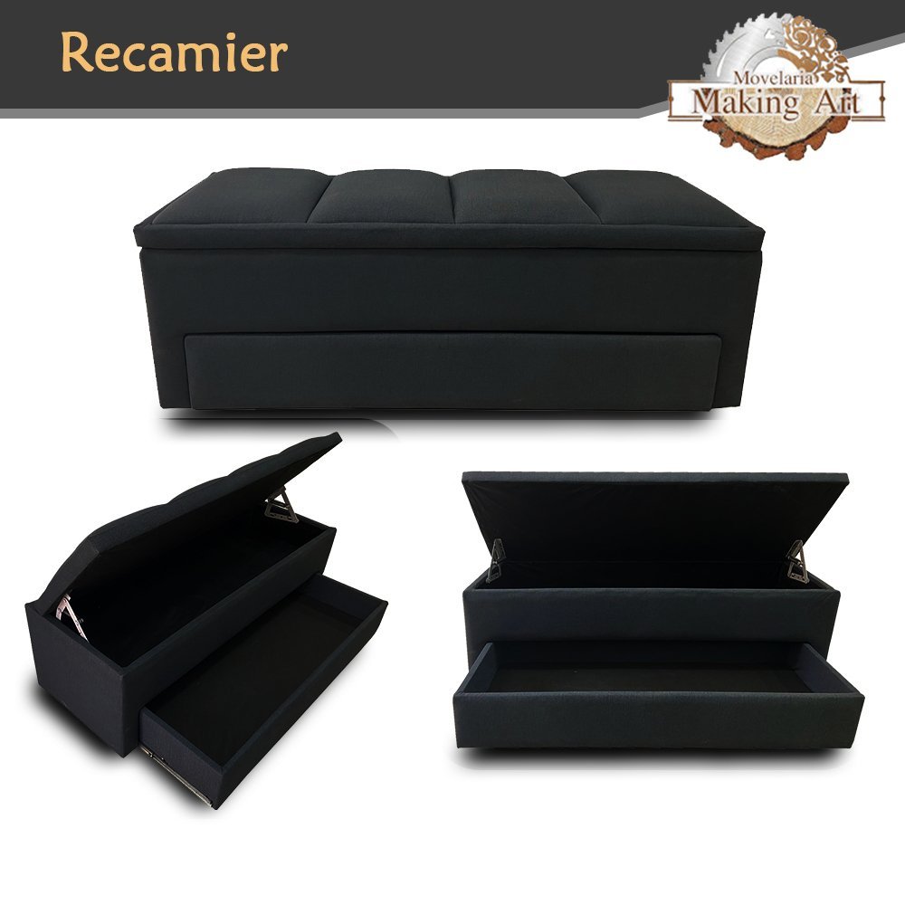 Recamier Baú C/ Sapateira para Cama Solteiro Pólux 90cm Estofada -making Art:preta - 2