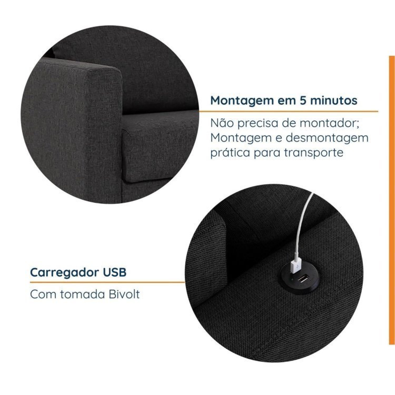 Conjunto de Sofá Antúrio 3 e 2 Lugares com Usb em Linho CabeCasa MadeiraMadeira - 5