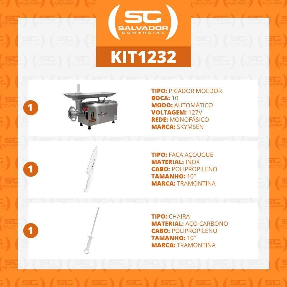 Picador Moedor de Carne Açougue Profissional 0,5cv Boca 10 Ps-10m 127v Skymsen + Faca + Chaira 127v - 3