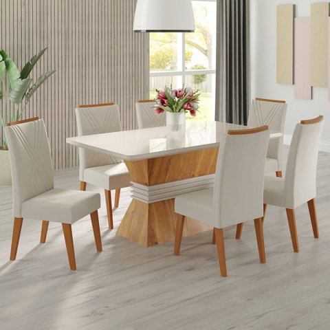 Mesa de Jantar 6 Lugares Jolie com Vidro Mel/marfim/off White - Viero Móveis