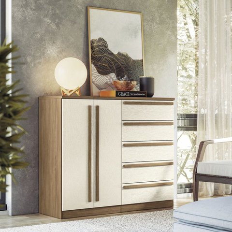 Cômoda 2 Portas 5 Gavetas Málaga Gold Bege/Jatoba/Areia