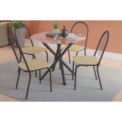 Conjunto: Mesa de Cozinha Volga C/ Tampo de Vidro 95x95cm e 4 Cadeiras Noruega Preto Fosco/capuccino