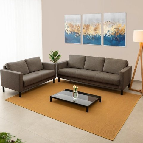 Conjunto de Sofá Antúrio 3 e 2 Lugares com Usb em Linho CabeCasa MadeiraOriginals Marrom
