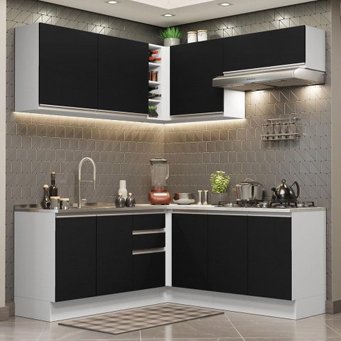 Armário de Cozinha Completa de Canto 349cm Branco Preto Glamy Madesa 03