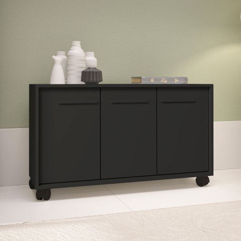 Balcão Multiuso 3 Portas 1 Prateleira com Rodízios 53.5x90x33cm Preto