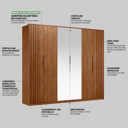 Guarda Roupa Casal 6 Portas com Ripado e com Espelho 6 Gavetas Atrice - Nogueira Touch - 5