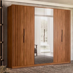 Guarda Roupa Casal 6 Portas com Ripado e com Espelho 6 Gavetas Atrice - Nogueira Touch