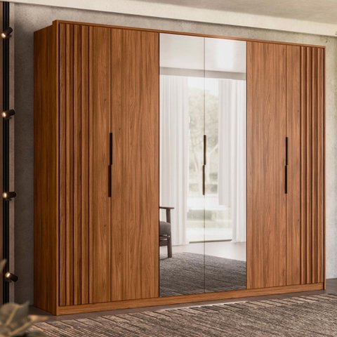 Guarda Roupa Casal 6 Portas com Ripado e com Espelho 6 Gavetas Atrice - Nogueira Touch