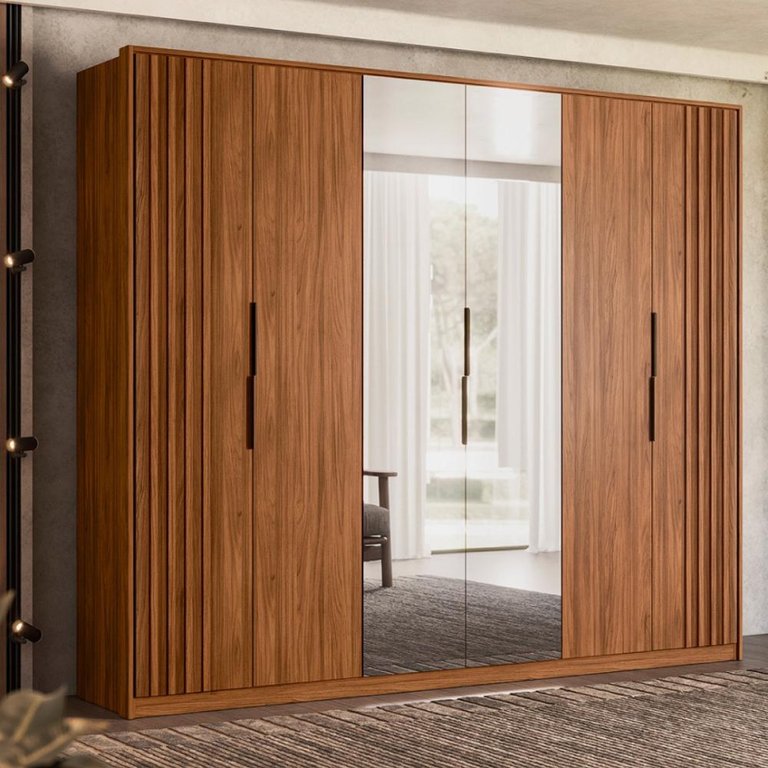 Guarda Roupa Casal 6 Portas com Ripado e com Espelho 6 Gavetas Atrice - Nogueira Touch Guarda Roupa Casal 6 Portas com Ripado e com Espelho 6 Gavetas Atrice - Nogueira Touch