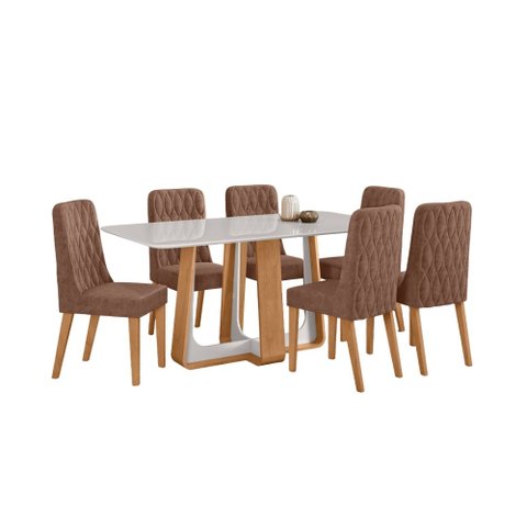 Conjunto Sala de Jantar Mesa Sintonia 170 Tampo Vidro Off White com 6 Cadeiras Luar - Lopas Amendoa 
