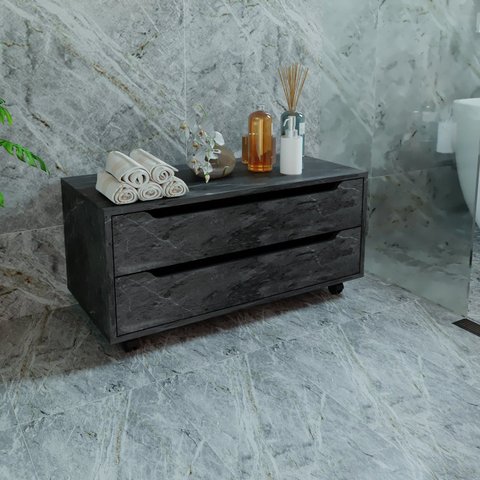 Armário para Banheiro com 2 Gavetas com Rodízio 80cm BN3643 Preto/Mármore Lunar