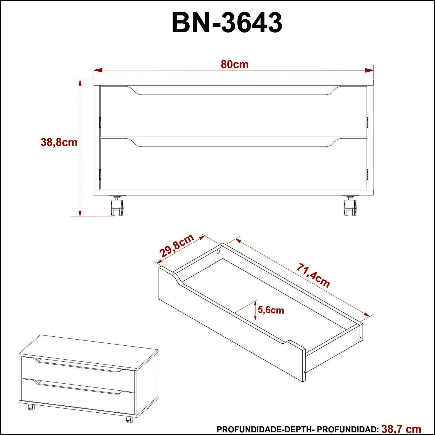 Gabinete para Banheiro com 2 Gavetas Rodízio BN3643 - 6