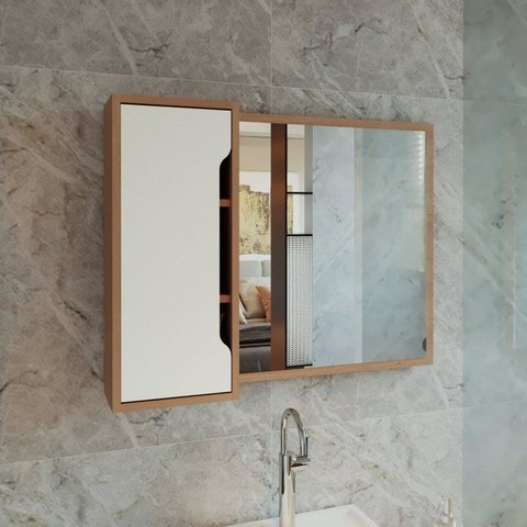 Espelheira Armário para Banheiro com Espelho 80x60cm BN3645 Amêndoa/Branco