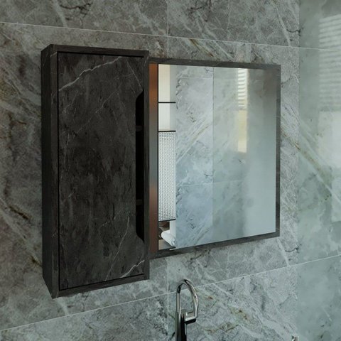 Espelheira Armário para Banheiro com Espelho 80x60cm BN3645 Preto/Mármore Lunar