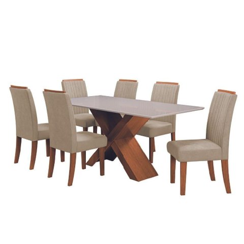 Conjunto Mesa de Jantar com Vidro 1,80m e 6 Cadeiras Grécia Dobuê - Madeirado/bege