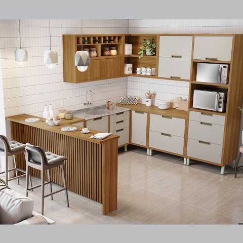 Cozinha Modulada Imperatriz Gourmet Canto 09 Peças Ripado em Mdf Nesher